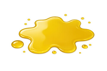 Golden viscous honey puddle spilling on surface, sweet liquid dripping with splashes, creating a sticky texture on transparent background