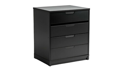 Black four-drawer chest of drawers with simple handles, against a black background