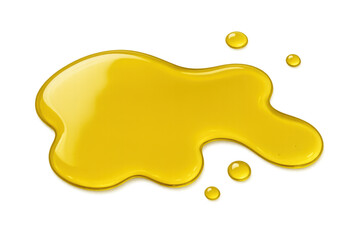 Yellow viscous liquid spreading puddle and drips, honey or oil spilling on transparent background