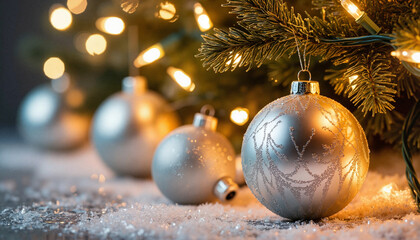 Silver Christmas ornaments with soft lights on snowy background  