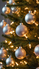 Silver Christmas ornaments hanging on a tree with warm lights  