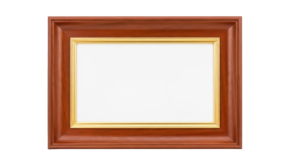 Elegant brown and gold picture frame isolated PNG, classic wooden border for artwork display and interior design projects on transparent background