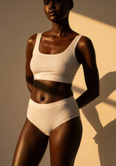 Cropped shot of a fit young woman with beautiful glossy tanned dark skin wearing a comfortable white ribbed lingerie set. 