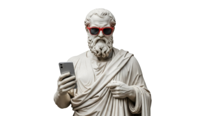 Statue of a man with sunglasses and smartphone isolated PNG, ancient sculpture with modern technology on transparent background