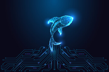 Futuristic polygon fish with glowing mesh and digital technology theme, 