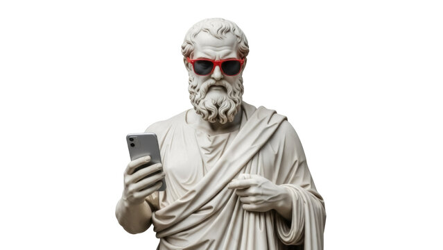 Statue of a man with sunglasses and smartphone isolated PNG, ancient sculpture with modern technology on transparent background