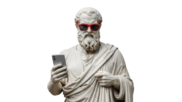 Statue of a man with sunglasses and smartphone isolated PNG, ancient sculpture with modern technology on transparent background - Powered by Adobe