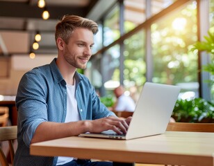 Fototapeta premium Young Man Working on Laptop in Modern Cafe with Natural Light and Greenery