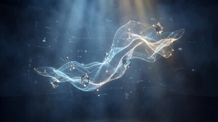 Luminous AI digital sculpture with neural strands and particles