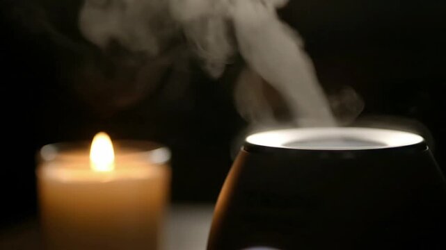 Aromatic essential oil diffuser releasing soothing vapor next to a warm, flickering candle, creating a peaceful and serene ambiance for relaxation and cozy home comfort