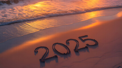 Number 2025 is written in sand of calm beach with orange reflections