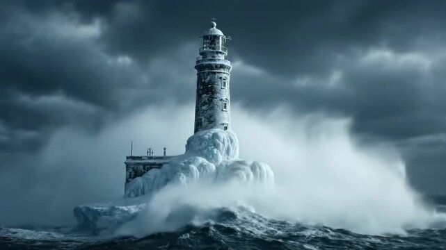 Frozen lighthouse covered in thick ice standing against crashing waves in dark stormy ocean