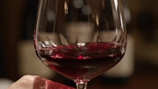 A captivating close-up of a vibrant red wine being elegantly swirled in a clear crystal glass, highlighting the rich color and inviting texture of the sophisticated beverage