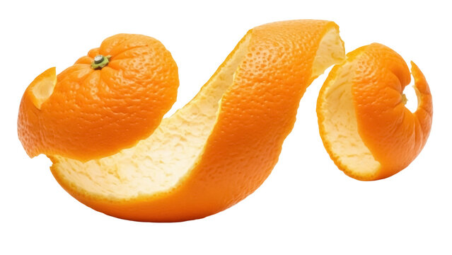 Orange peel isolated PNG on transparent background, citrus fruit rind spiral for food design and healthy eating concepts, vibrant color