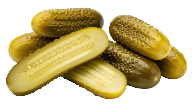Pile of pickled cucumbers isolated PNG, dill pickles with bumpy skin and sliced open for a tangy and crunchy snack or condiment