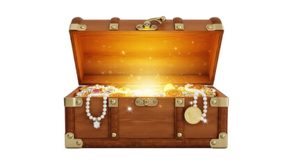 Open treasure chest with gold coins and jewelry PNG isolated on transparent background, wealth and riches concept for graphic design