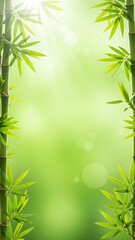 Vibrant green bamboo leaves with natural sunlight and bokeh effect