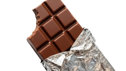 Milk chocolate bar with bite mark isolated PNG, unwrapped in silver foil on transparent background, sweet dessert treat