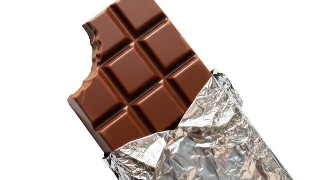 Milk chocolate bar with bite mark isolated PNG, unwrapped in silver foil on transparent background, sweet dessert treat