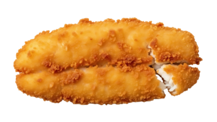 Golden crispy fried fish fillet isolated PNG, delicious breaded seafood snack on transparent background for restaurant menu and food design