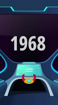 Time travel cockpit with futuristic animation jump to the year 1968 vertical. Ideal for content creators, tech presentations, future concepts, and cinematic video projects.