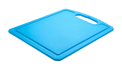 Close-up of a blue rectangular cutting board with a handle and grooved edges