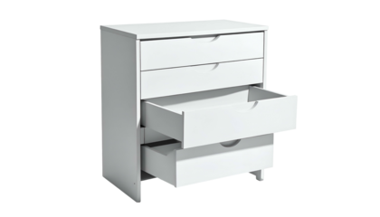 White modern chest of drawers; three closed, two open showcasing interior