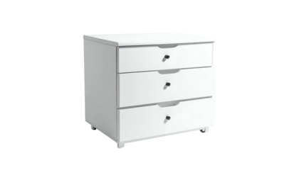 Three-drawer white cabinet on wheels, isolated on black background, minimalist aesthetic