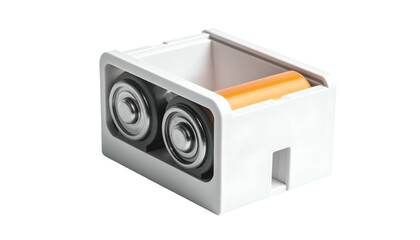 Obraz premium White rectangular holder showcasing two inserted batteries and a third orange battery