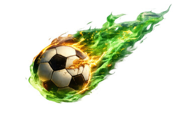 Flying soccer ball leaving a dynamic green and orange fire trail, representing speed, energy, and power in sports concept