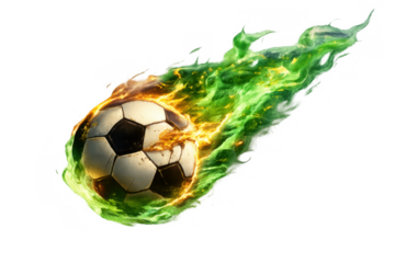 Flying soccer ball leaving a dynamic green and orange fire trail, representing speed, energy, and power in sports concept