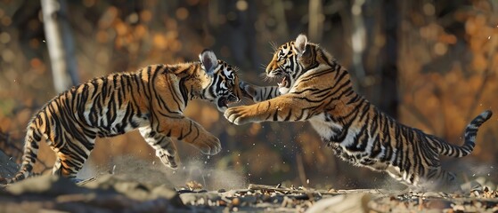 Detailed tiger cub pouncing sibling playful interaction cinematic contrast photorealistic accuracy 8k high fidelity plain neutral background raw DSLR photo natural daylight lifelike sharp detail