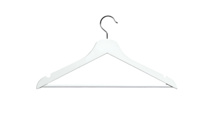 A white wooden clothes hanger with a metal hook, isolated on a black background (1)