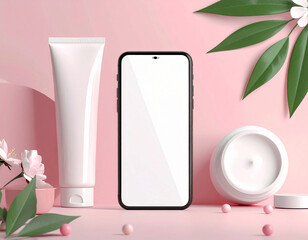 Blank cosmetic tubes and smartphone screen on pastel background, clean beauty mockup with minimal layout and copy space. Image created using generative artificial intelligence.
