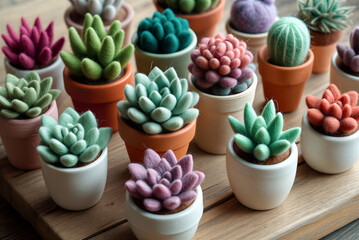 Felt sculpture: Collection of colorful needle felted succulent plants in ceramic pots