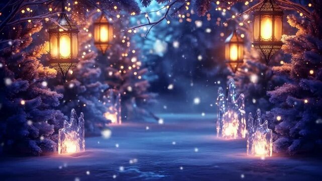 A festive Christmas scene featuring christmas tree ,Christmas ambience, snow falling outside, Christmas ambience videos, Christmas decoration, snow falling outside, Christmas lights and snow falling