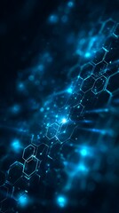 Abstract Dark Blue Hexagonal Network Background with Glowing Points and Bokeh Effect Technology Connection Structure
