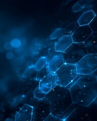 Abstract Dark Blue Hexagon Pattern with Glowing Edges and Soft Bokeh Background