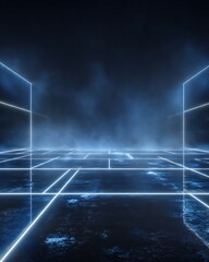 Abstract Dark Blue Space with Neon Grid Lines and Smoky Atmosphere