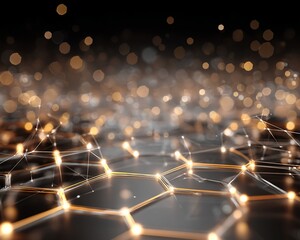 Abstract Dark Gray Network with Golden Nodes and Bokeh Background