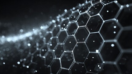 Abstract Dark Hexagonal Grid Network with Glowing Nodes, White Lines, Black Background, Shallow Depth of Field, Modern Tech Design, Data Visualization Concept