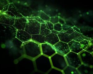 Abstract Dark Hexagonal Grid Network with Green Glowing Lines Connection Concept Background