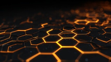 Abstract Dark Hexagonal Grid with Glowing Orange Edges in Low Angle View under Spot Lighting