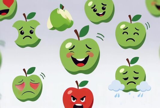 Animated apple emoji with various emotions, expressions, and health conditions forming a seamless