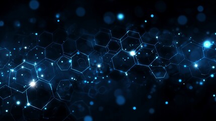 Abstract Deep Blue Hexagonal Network with Glowing Nodes on Dark Background