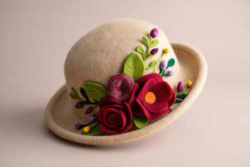 Felt sculpture: Wet felted hat with floral decorations and soft wool texture