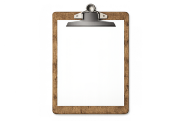 Wooden clipboard holding blank white paper, offering space for messages, tasks, menu, or note presentation, transparent background