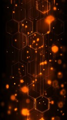 Abstract Glowing Hexagonal Background with Orange Light Streaks and Bokeh on Black