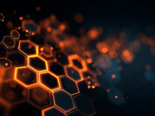Abstract Glowing Hexagonal Structure with Orange and Blue Bokeh Lights in Dark Background