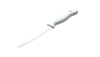 A clean, isolated, all-white knife, angled with a visible handle, against a black backdrop